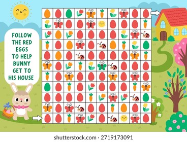 Easter maze, seek and find game with spring landscape. Attention skills puzzle. Holiday printable activity. Logical searching puzzle. Follow red eggs to help bunny get to his house

