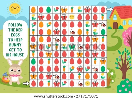Easter maze, seek and find game with spring landscape. Attention skills puzzle. Holiday printable activity. Logical searching puzzle. Follow red eggs to help bunny get to his house
