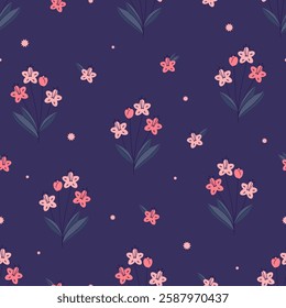 Easter meadow seamless pattern. Leaves and flowers spring simple background. Blossom lily garden