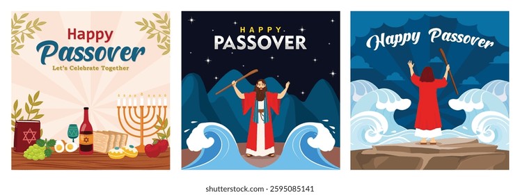 Easter meal with candles and holy book. Moses parted the Red Sea. Jewish holiday Pesach. Moses with a rod parted the Red Sea.Passover Day concept.Set flat vector illustration.