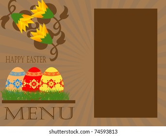 easter menu concept with easter eggs,grass and flowers
