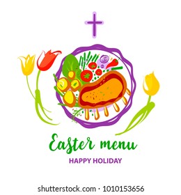 Easter menu element design. Happy holiday party. Silhouette cross and flower. 