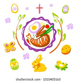 Easter menu element design. Happy holiday party. Cartoon rabbit, egg, cross and butterfly.