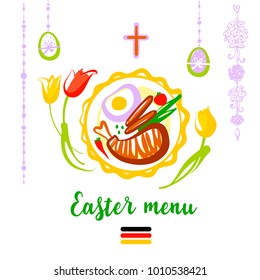 Easter menu element design. Happy holiday party. Silhouette cross, egg and flower tulip. 