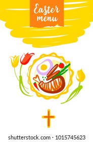 Easter menu logo, banner. Silhouette dish plate with vegetable and meat. Sketch food ingredient for celebration happy religion holiday. 