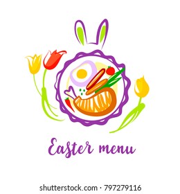 Easter menu. Silhouette rabbit ear and flower. Sketch food plate, ingredient for celebration religion holiday. Vector illustration.