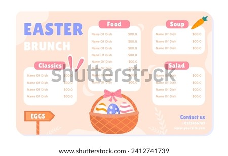 Easter menu template. List for recipes and ingredients. Basket with colorful eggs. Traditional spring religious holiday. Cartoon flat vector illustration isolated on white background