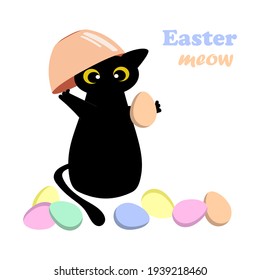 Easter meow. Postcard with a black cute cat and painted eggs for Easter in pastel colors. A cheerful template for printing on decorative pillows, poster, kitchen textiles. Vector graphics.