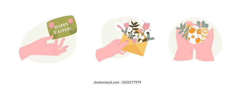 Easter message vector illustration concept. Happy easter postcard. Female hands with egg, flowers, tulips, branches and paper envelope. 