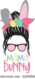 Easter messy bun Svg vector Illustration isolated on white background. Easter vibe shirt design with eggs, sunglasses, bow and bunny ears. Easter print decoration svg