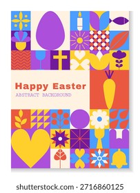 Tarjeta geométrica mínima de Pascua. Cartel festivo de las vacaciones de primavera. Fondo de azulejos cuadrados. Conejo y huevo en mosaico. Postal de celebración. Saludo de temporada. Ilustración aislada plana de dibujos animados de Vector