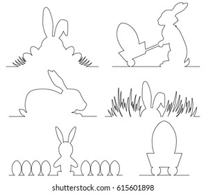 Easter minimal outline design with bunny and eggs, hand drawn illustration 