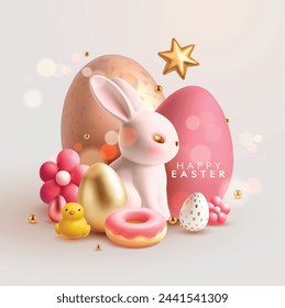 Postal infantil minimalista de Pascua con lindo conejito y su pequeña amiga polluela rodeada de huevos de Pascua.