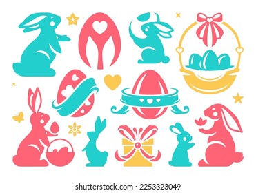 Easter minimalist icon chicken painted egg with ribbon rabbit basket gift box decor element set vector flat illustration. Spring Christianity holiday celebration badges for festive congratulations