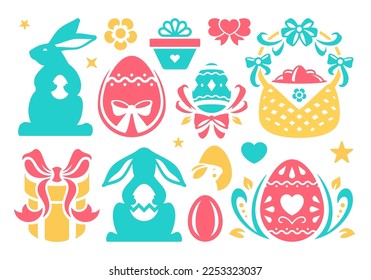 Easter minimalist icon rabbit painted eggs in basket with bow religious holiday celebration vector flat illustration. Spring flower cute bunny gift box ornamental present package festive decor element
