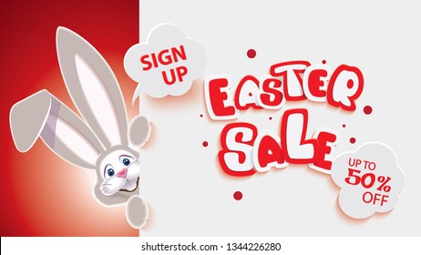 Easter mobile sale banner with gray Easter Bunny next to textual signboard,vector illustration of online shopping website