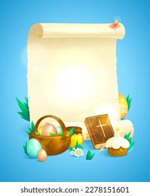Easter mockup with empty paper roll with bible, basket, colored eggs, pastry and honey