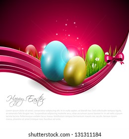 Easter modern background with red eggs and copyspace