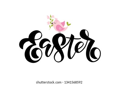 Easter modern brush hand lettering with bird. Seasons greetings. Celebration text for postcard, greeting card, invitation, poster, banner, badge, logo. Vector illustration isolated on white background