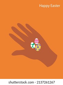 easter modern flat design banner. Colored painted eggs in hand