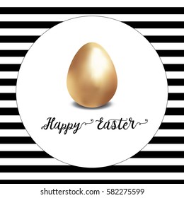 Easter modern greeting card vector template with golden realistic egg on the striped background