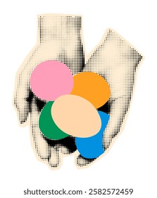 Easter modern retro halftone art collage element. Cut out of magazine paper clipping shape of hands holding Easter colored eggs. Trendy mixed media vector illustration on transparent background