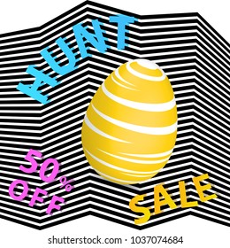 Easter modern striped banner. Yellow striped Easter egg on the white black striped background. 