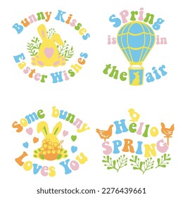 Easter modern vector set design in Groovy style with bunny ears and eggs. Easter quote for baby. Vector illustration greeting card templates with bunny 