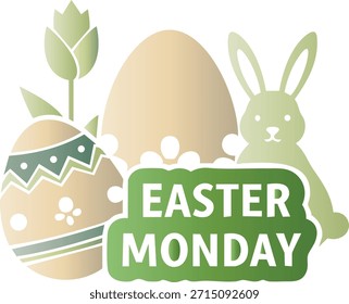 Easter Monday celebration featuring a bunny and decorated eggs on a green background with pastel colors and floral