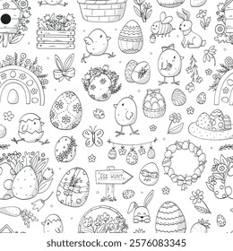 Easter monochrome seamless pattern with cute doodles for nursery prints, kids activities, coloring pages, wallpaper, wrapping paper, packaging, etc. EPS 10