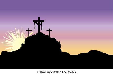 Easter morning, Calvary hill with silhouettes of the cross, Resurrection background with sun rays