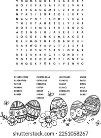 Easter Morning word search activity page celebrating faith in Jesus. Vector artwork. A coloring page ready for printing.