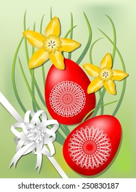 Easter motif with yellow daffodils, two red colored eggs and white ribbon