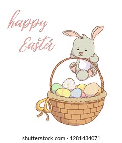 Easter motive, gray bunny with basket  and easter eggs on white background with text Happy Easter. Vector illustration.