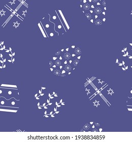 Easter motives seamless pattern. White drawing on a light purple background.