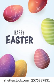 Easter multicolored eggs realistic 3d, confetti blue. Vector illustration, 