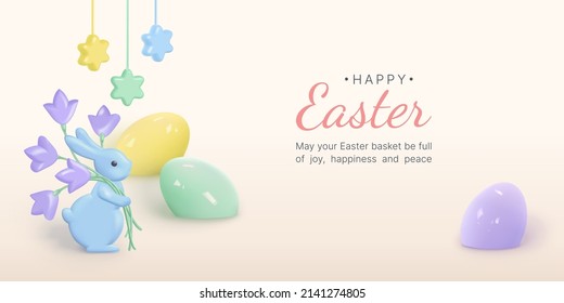 Easter multicolored eggs, stars and a blue rabbit holding bluebells flowers. Realistic 3d vector design with toy easter items