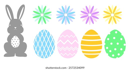 Easter multicolored vector elements. Minimalist style. Easter eggs flowers and rabbit