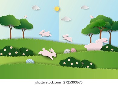 Fundo da natureza da Páscoa com coelhos bonitos e ovos da Páscoa no jardim da primavera para cartão de saudação, banners, flyers, mídia social ou papel de parede, ilustração vetorial