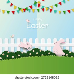 Fondo de la naturaleza de Pascua, celebre el tema con el conejo lindo en el jardín de la primavera para los Anuncios, volantes, tarjetas, medios sociales o Fondos de pantalla, Ilustración vectorial