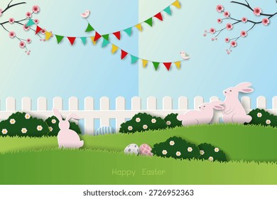 Fondo de la naturaleza de Pascua, celebre el tema con conejos lindos en el jardín de la primavera, Ilustración vectorial