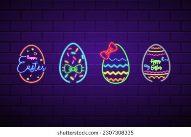 Easter neon. Bright neon vector design elements for Easter holiday.Set of neon lamps of different colors. Laser glowing lines on a black background. Happy Easter neon lines in the shape of an egg.