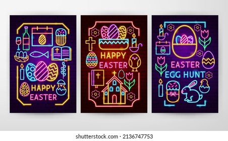 Easter Neon Flyer Concepts. Vector Illustration of Holiday Promotion.