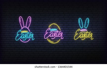 Easter neon glowing badges. Bright neon vector design elements for Easter holiday.