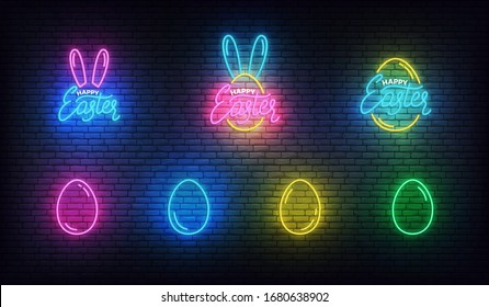 Easter neon. Glowing neon labels and eggs for Easter