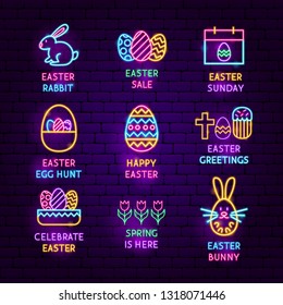 Easter Neon Label Set. Vector Illustration of Seasonal Holiday Promotion.