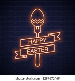 Easter neon menu. Happy Easter neon banner with fork and egg  on wall background