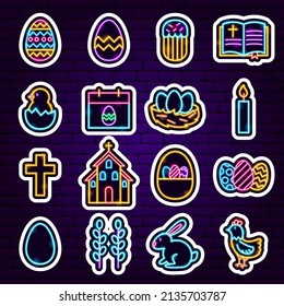 Easter Neon Stickers. Vector Illustration of Holiday Promotion.