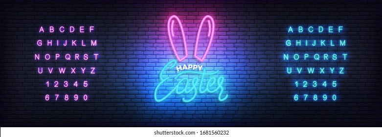 Easter neon template. Glowing label for Easter and alphabet.