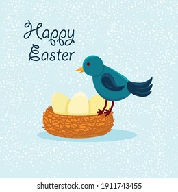 Easter nest with bird and eggs. Vector illustration